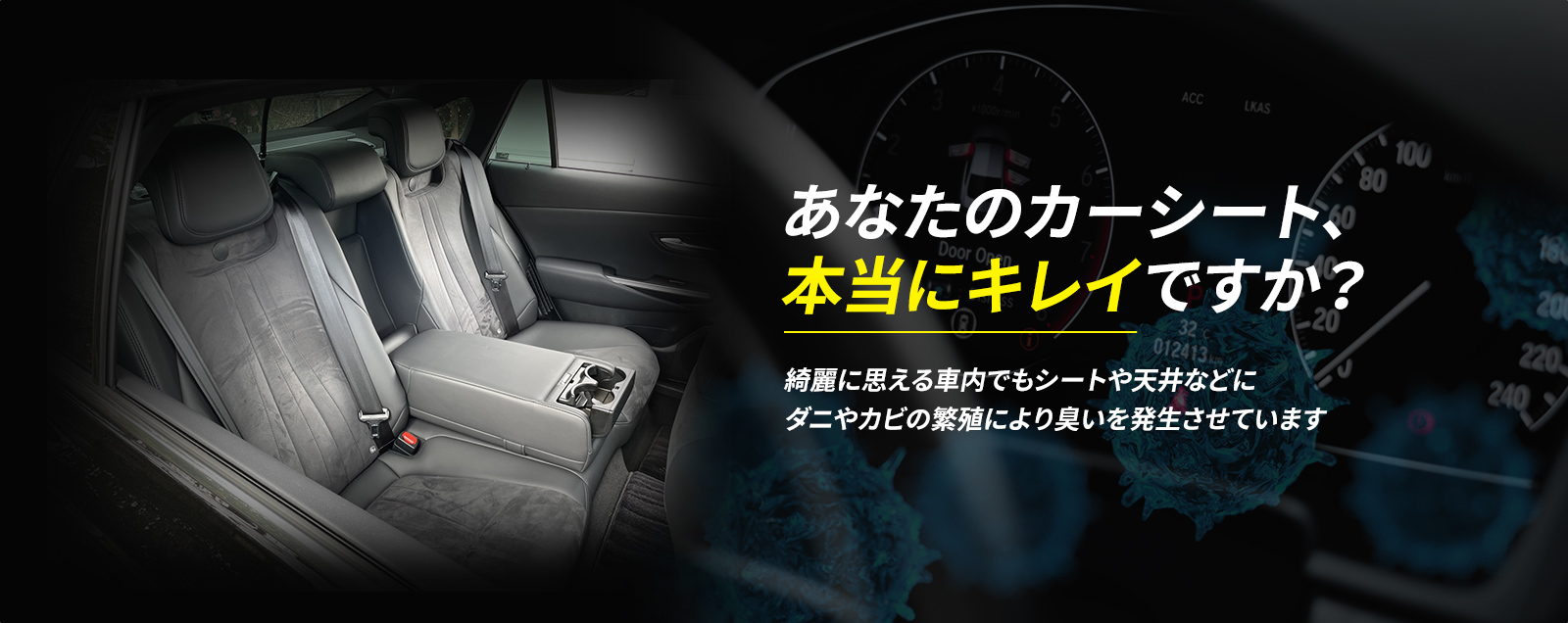 あなたのカーシート、本当にキレイですか?綺麗に思える車内でもシートや天井などにダニやカビの繁殖により臭いを発生させています。